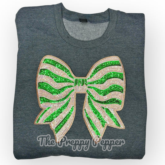 10.5” Large Sequin & Glitter Green & Iridescent Striped Coquette Bow Apparel Patch