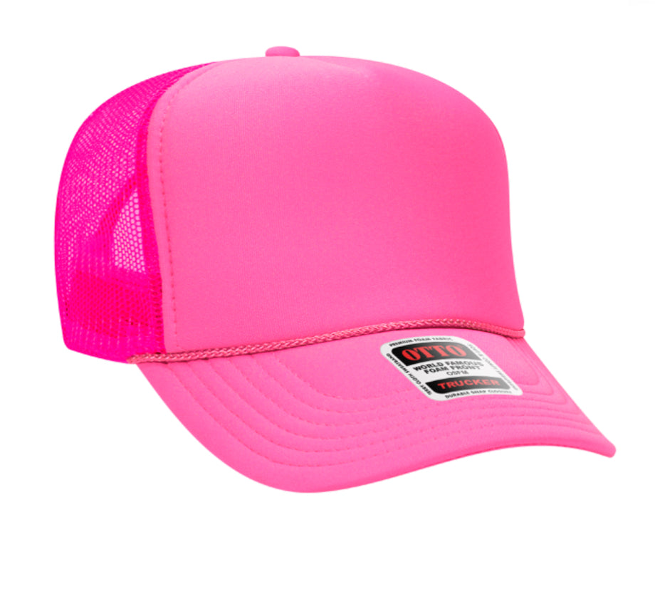 Neon Pink Otto 5 Panel High Crown Mesh Back Trucker Hat