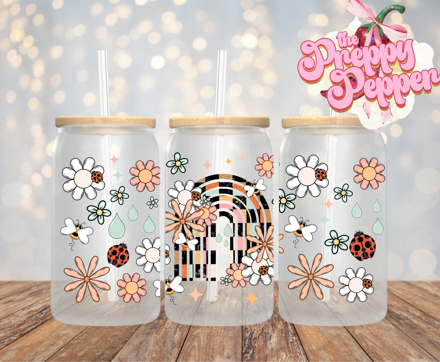 Checkered Floral Rainbow 16oz UVDTF Wrap