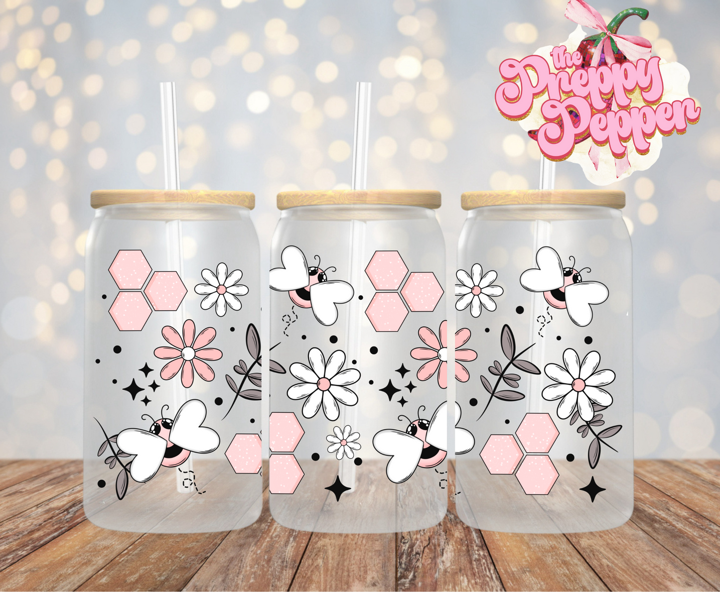 Pink Floral Honey Bee 16oz UVDTF Wrap