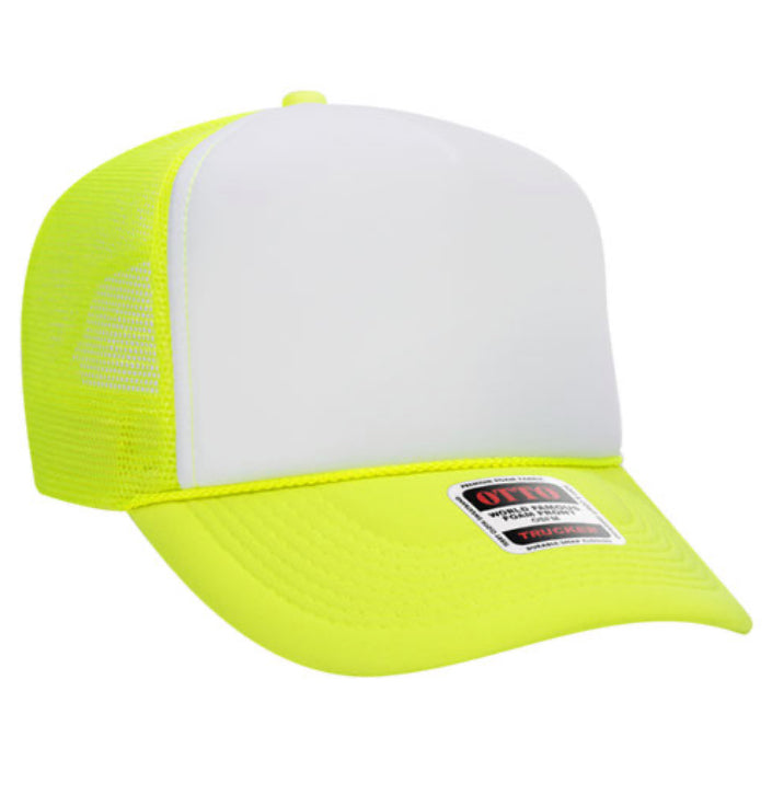 Neon Yellow & White Otto 5 Panel High Crown Mesh Back Trucker Hat