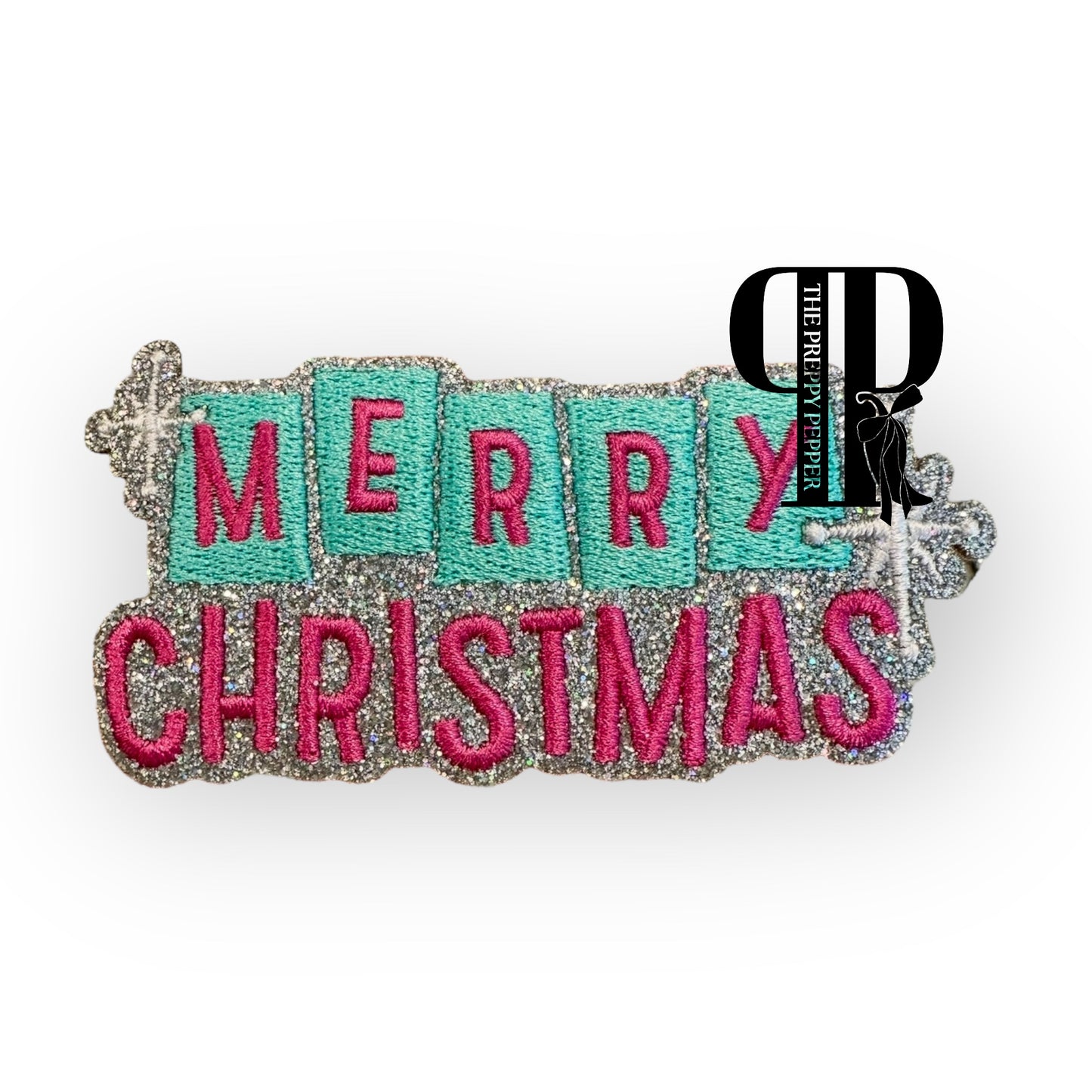 Holographic Silver Glitter Retro Merry Christmas Patch