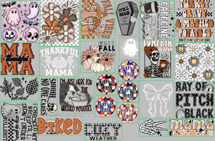 Fall/spooky/ football themed DTF hat transfer 22”x 15” gang sheet