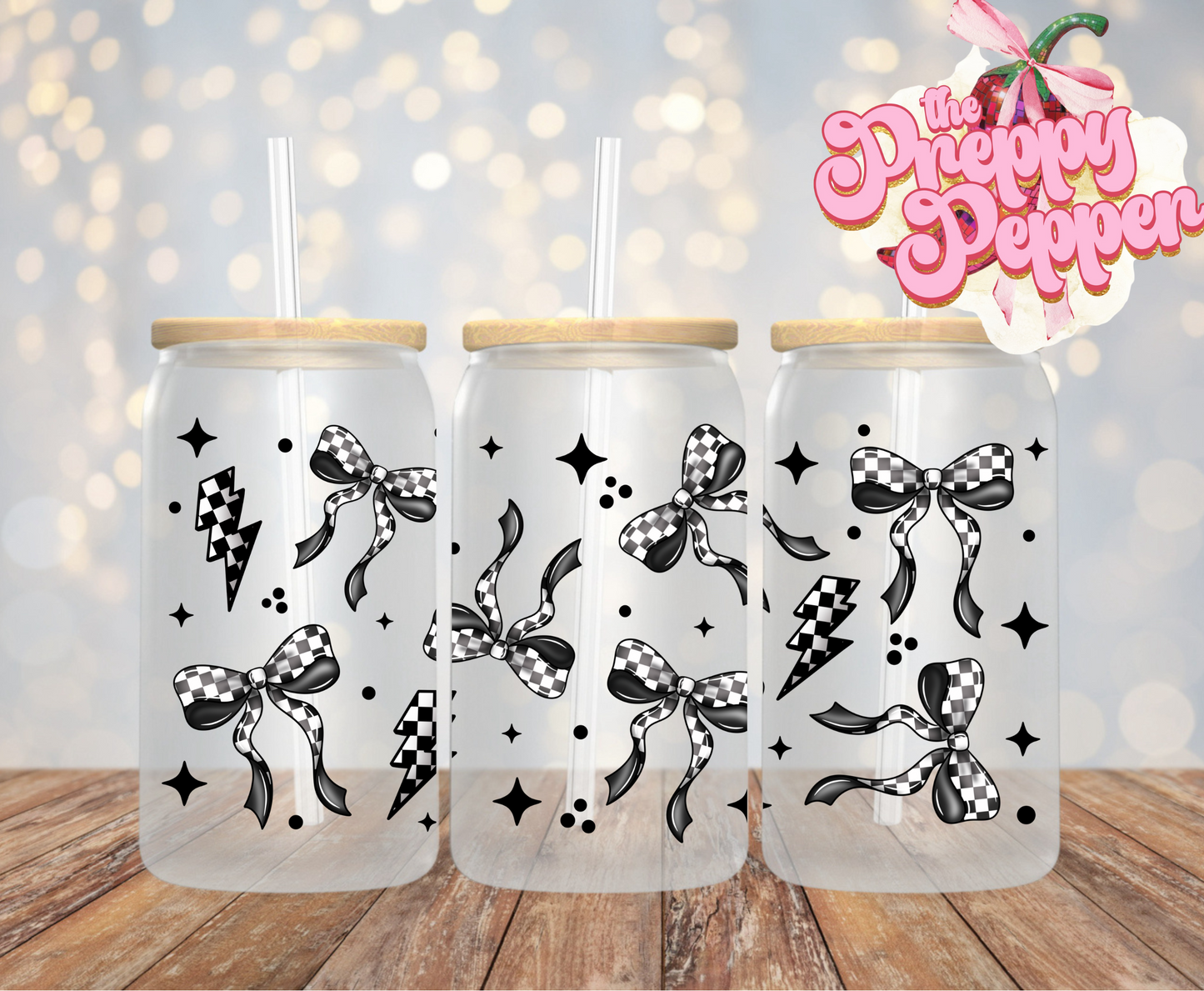 Checkered Coquette Bows & Lightening Bolts 16oz UVDTF Wrap