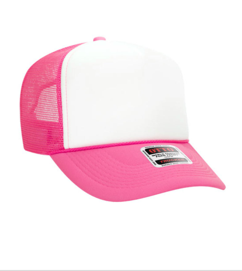 Neon Pink & White Otto 5 Panel High Crown Mesh Back Trucker Hat