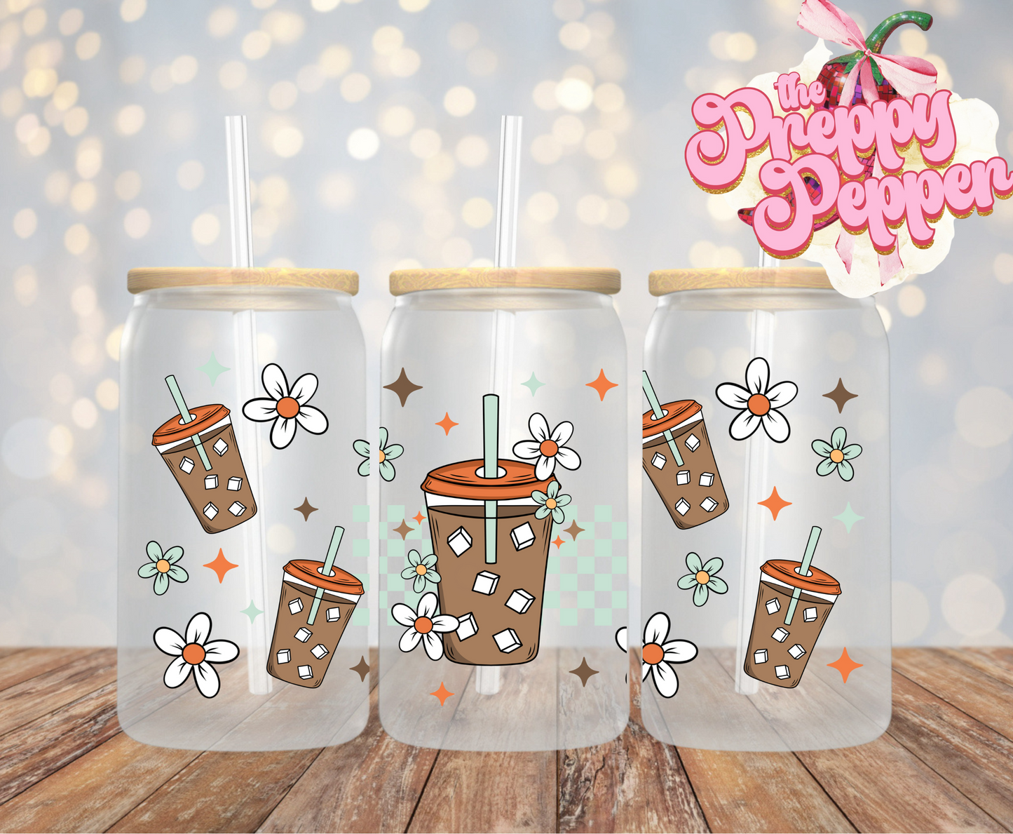 Floral Sea foam Checkered Iced Coffee 16oz UVDTF Wrap