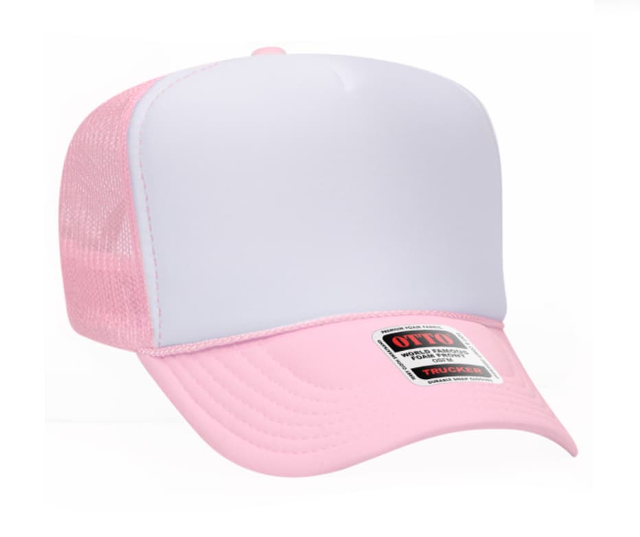 Soft Pink & White Otto 5 Panel High Crown Mesh Back Trucker Hat