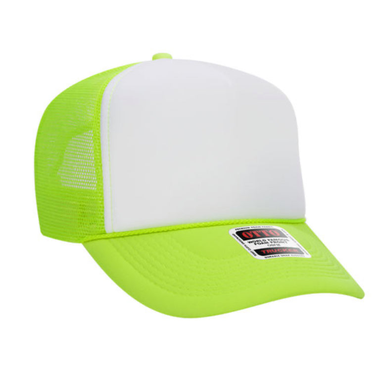 Neon Green & White Otto 5 Panel High Crown Mesh Back Trucker Hat