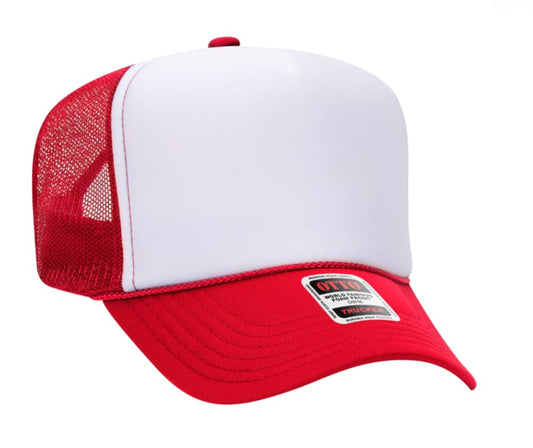 Red & White Otto 5 Panel High Crown Mesh Back Trucker Hat