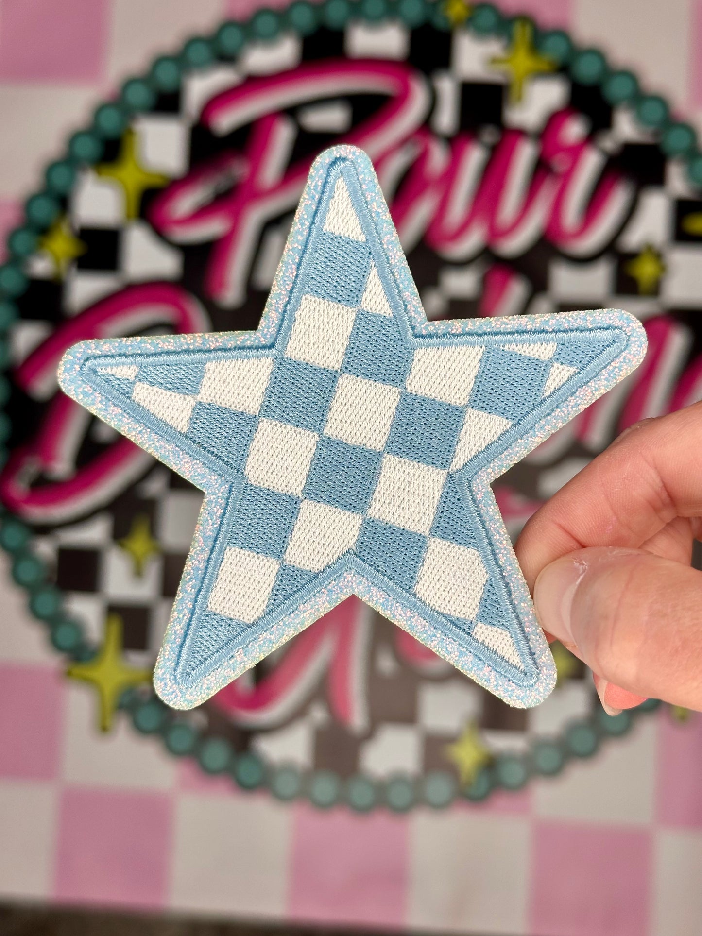 Checkered Glitter Star Patch 4 inch©️