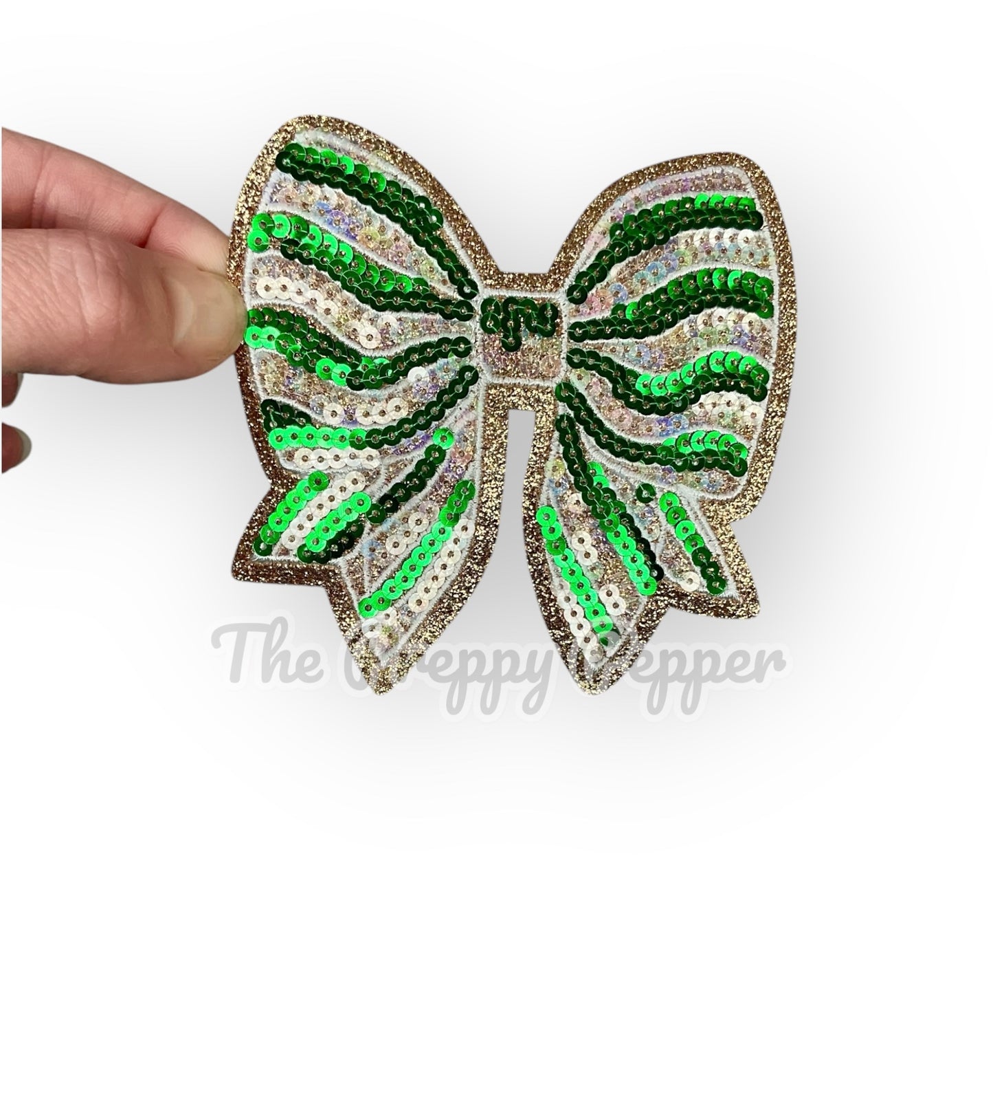 3.75” Green & Clear Iridescent Sequin & Glitter Coquette Bow Patch