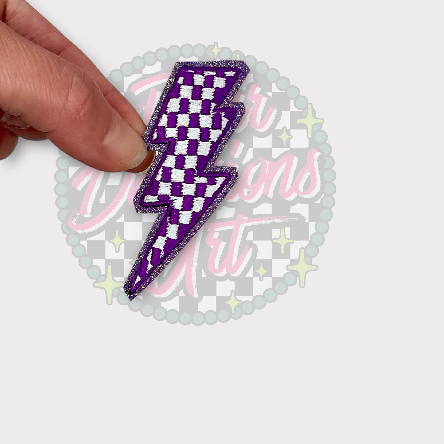 (Mess up; wrong color glitter) lilac checkered & glitter bolt patch