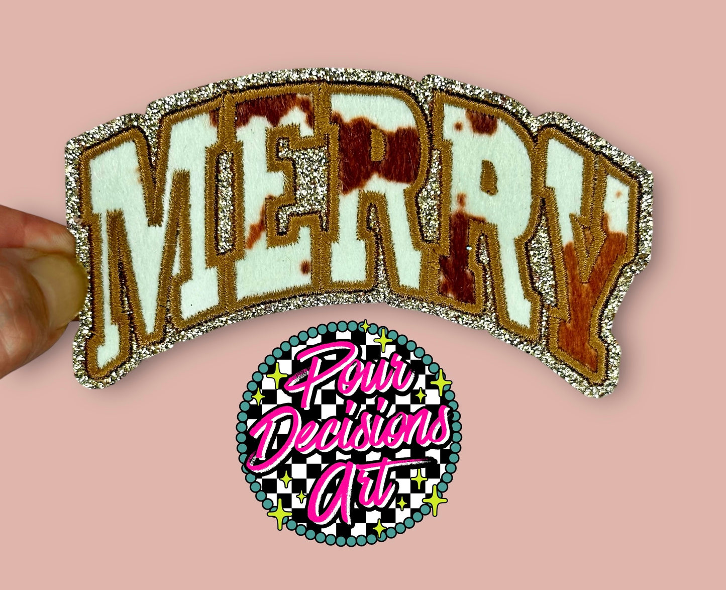 Fuzzy Cow Print MERRY Glitter Patch 4”