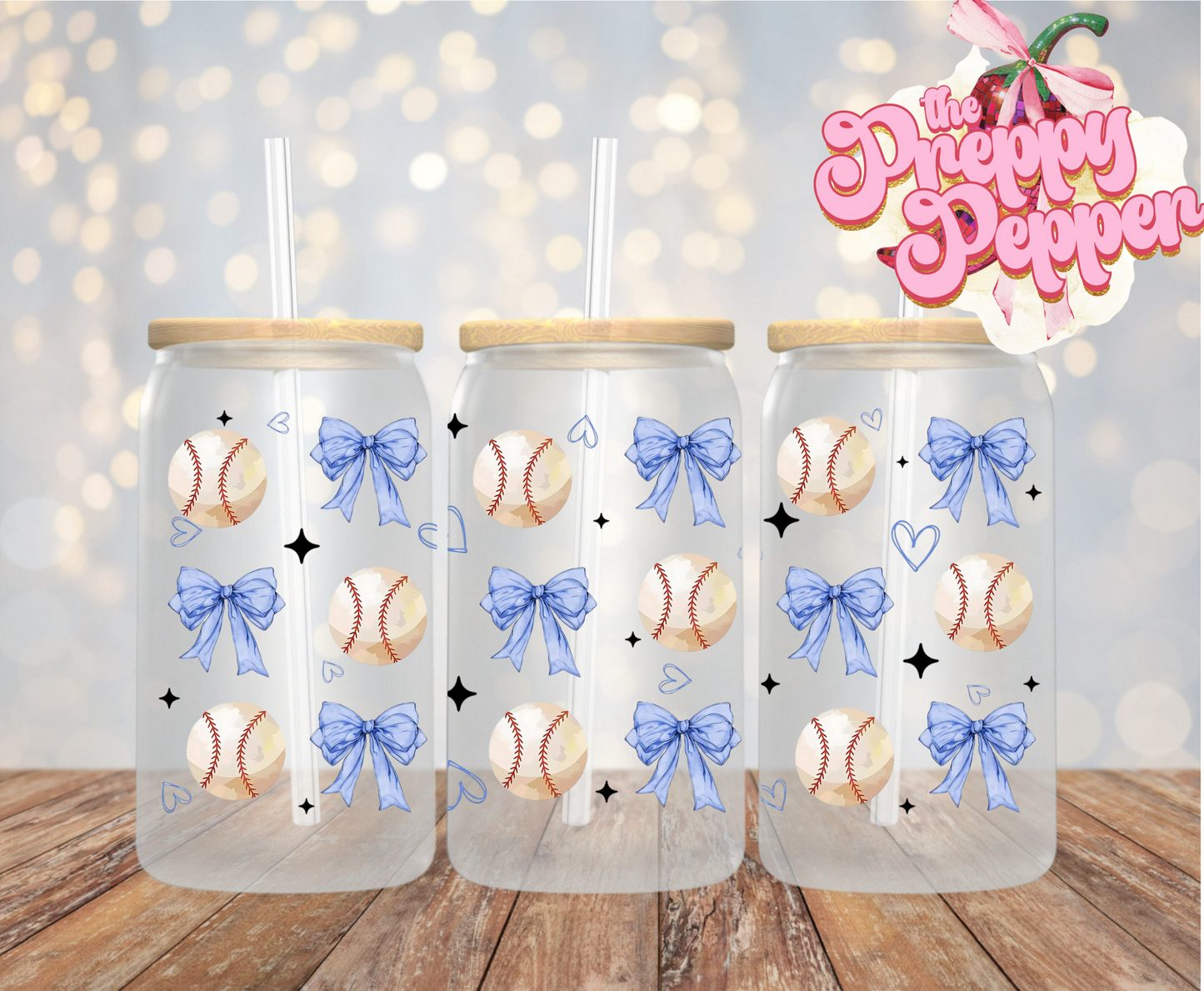 16oz Baseball Blue Coquette Bow UVDTF Wrap