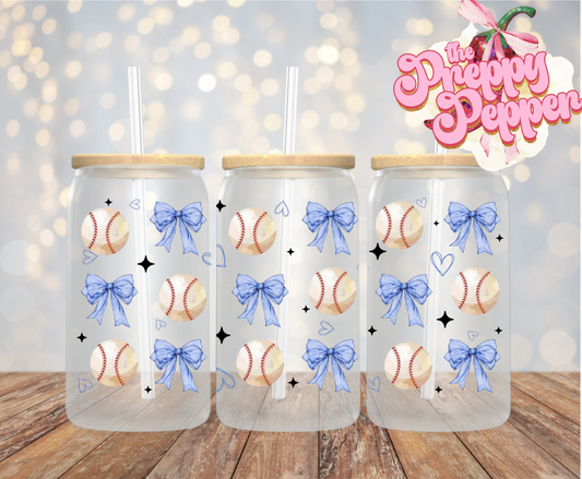 16oz Baseball Blue Coquette Bow UVDTF Wrap