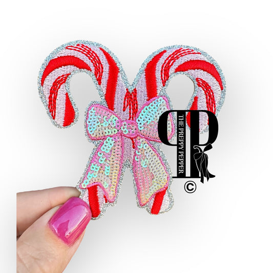 Sequin & Glitter Candy Cane Bow Patch