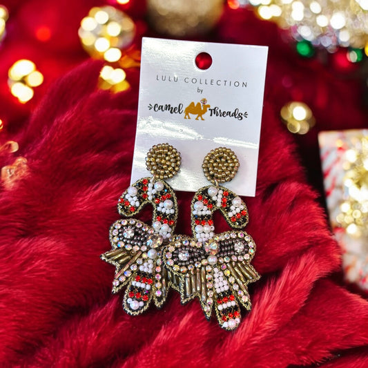 Rhinestone & Seed Beaded Candy Cane Earrings