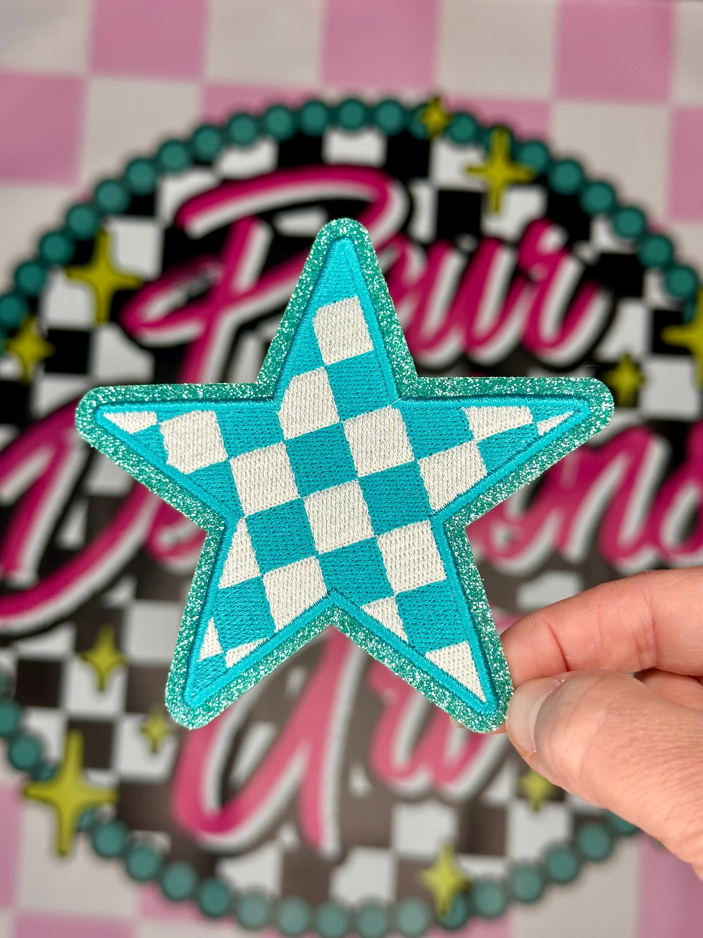 Checkered Glitter Star Patch 4 inch©️