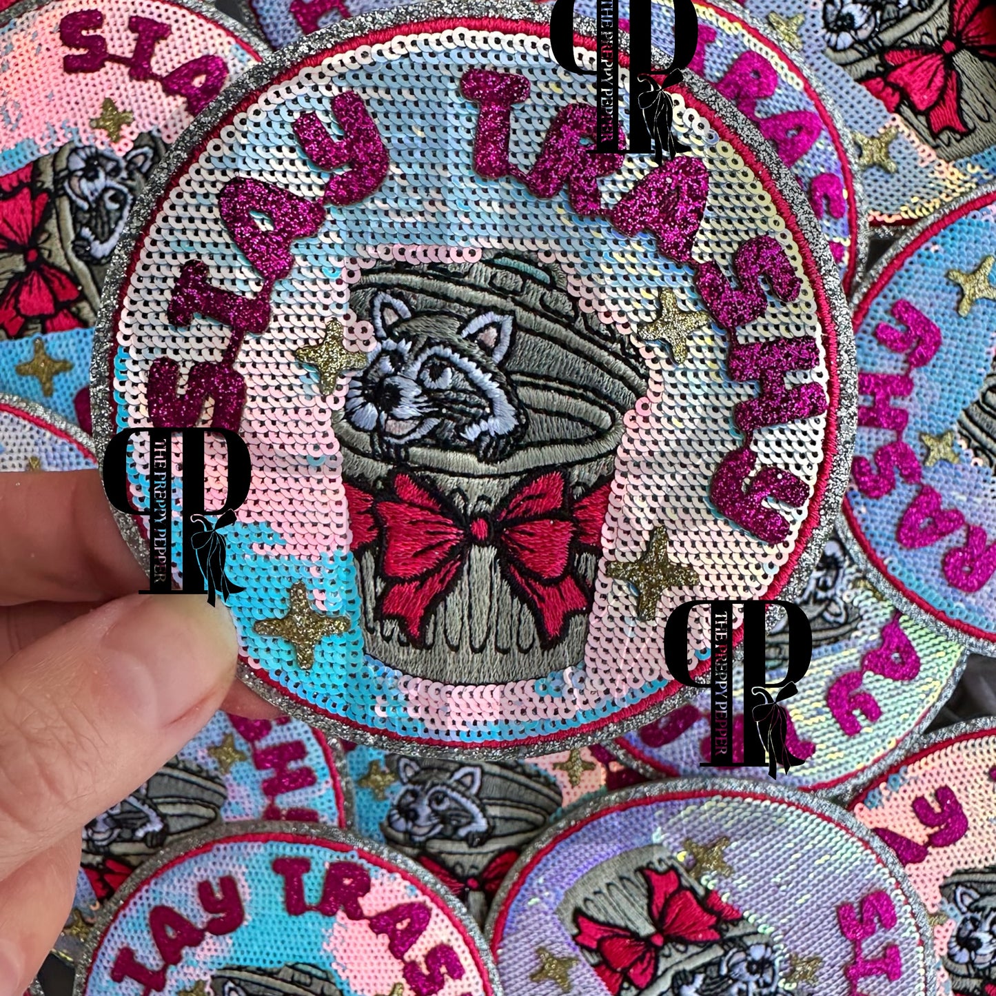 Stay Trashy sequin & Glitter Raccoon Patch