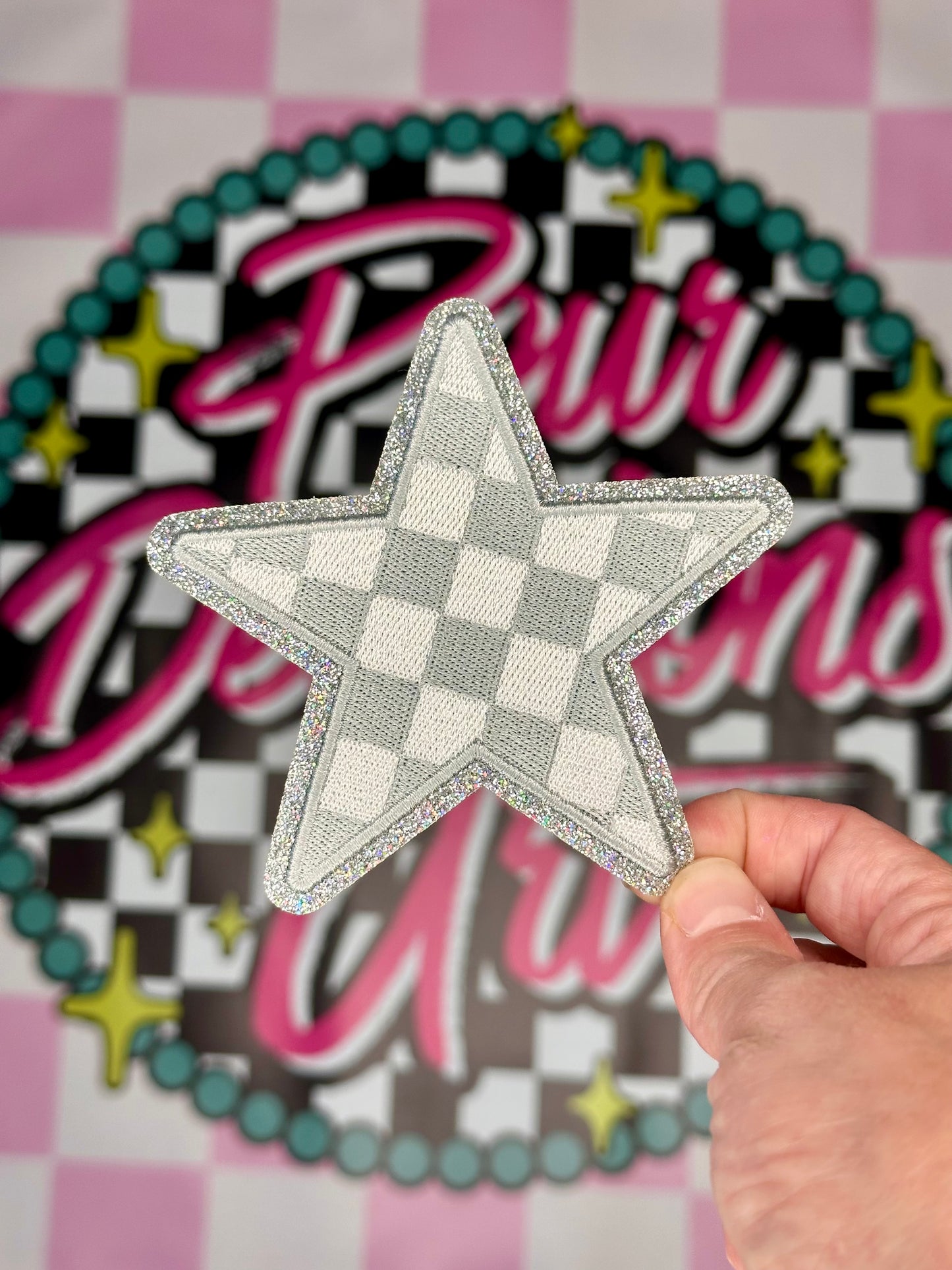 Checkered Glitter Star Patch 4 inch©️