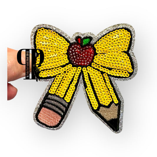 Sequin & glitter teacher bow pencil patch