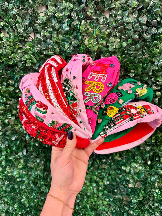 Christmas Sequin, Rhinestone, & Seed Beaded Knotted Headbands