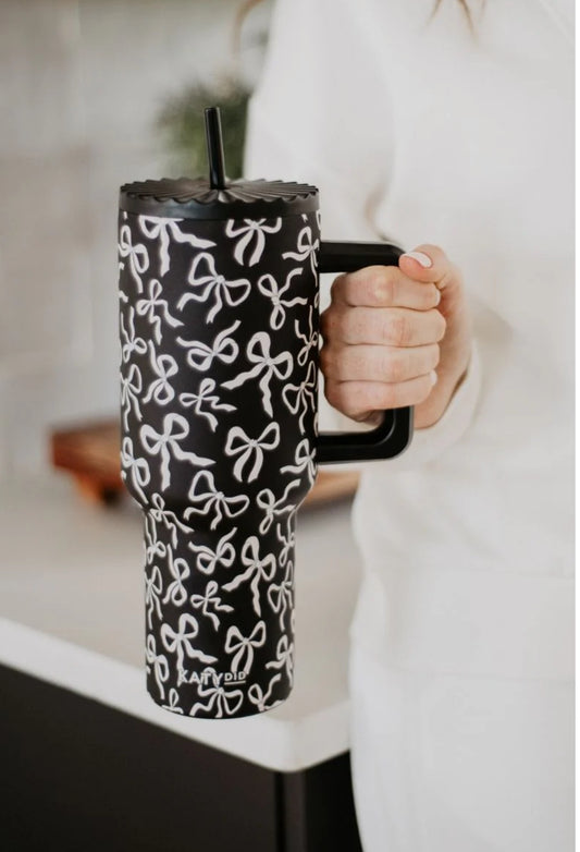 BLACK & WHITE BOWS ALL OVER DRINK TUMBLER CUP