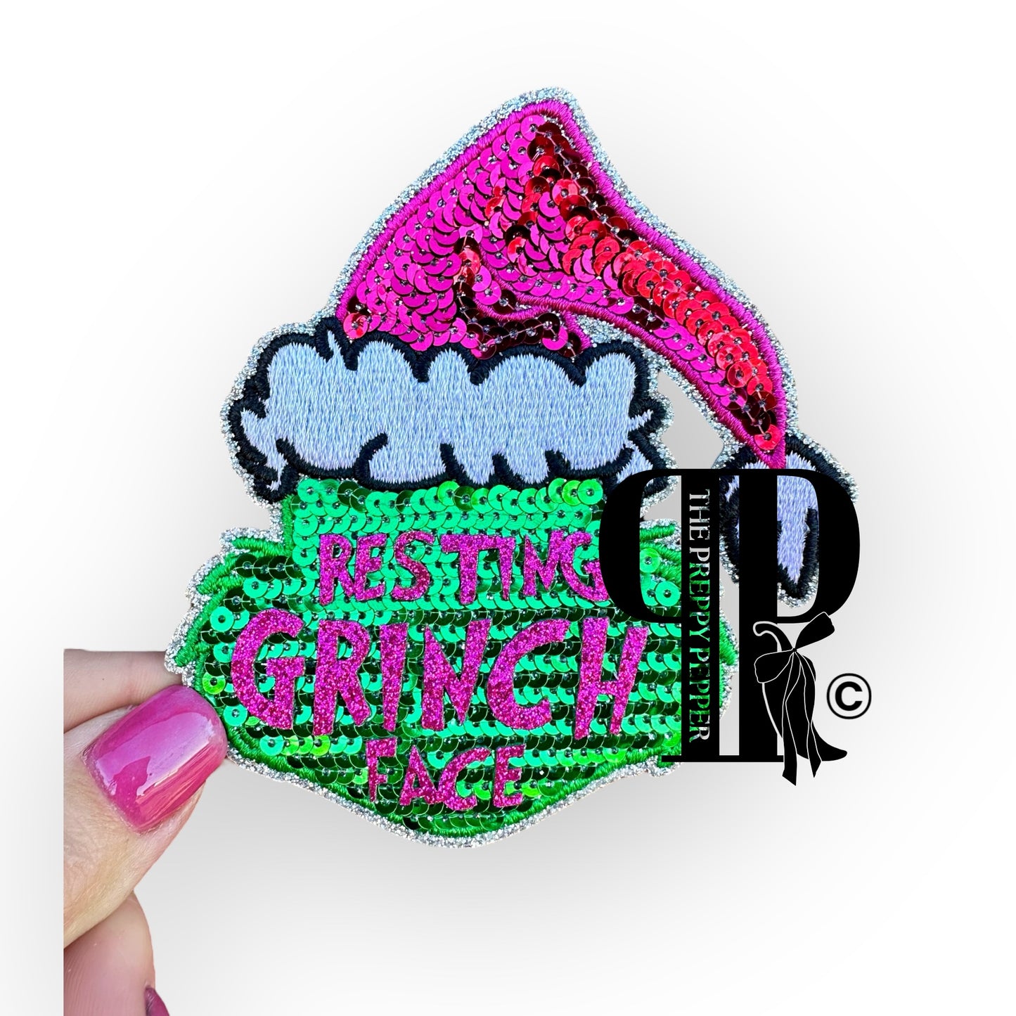 Sequin & Glitter Resting Grinch Face Patch ©️