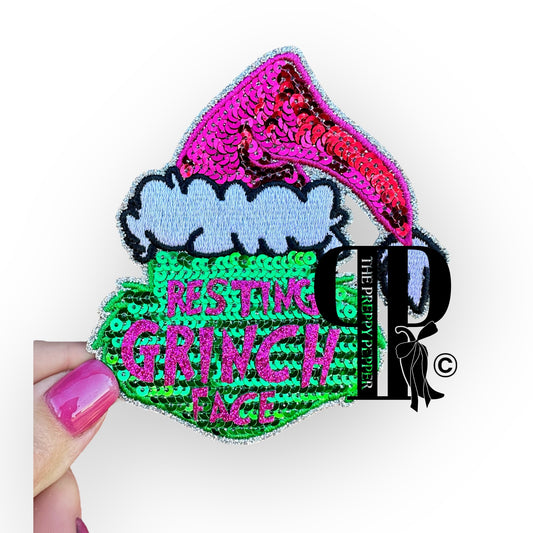 Sequin & Glitter Resting Grinch Face Patch ©️